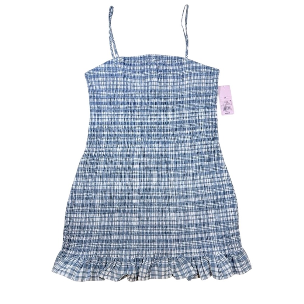NWT Cottagecore Women XL Smocked Blue Plaid Sundress with Ruffle Hem 100% Cotton